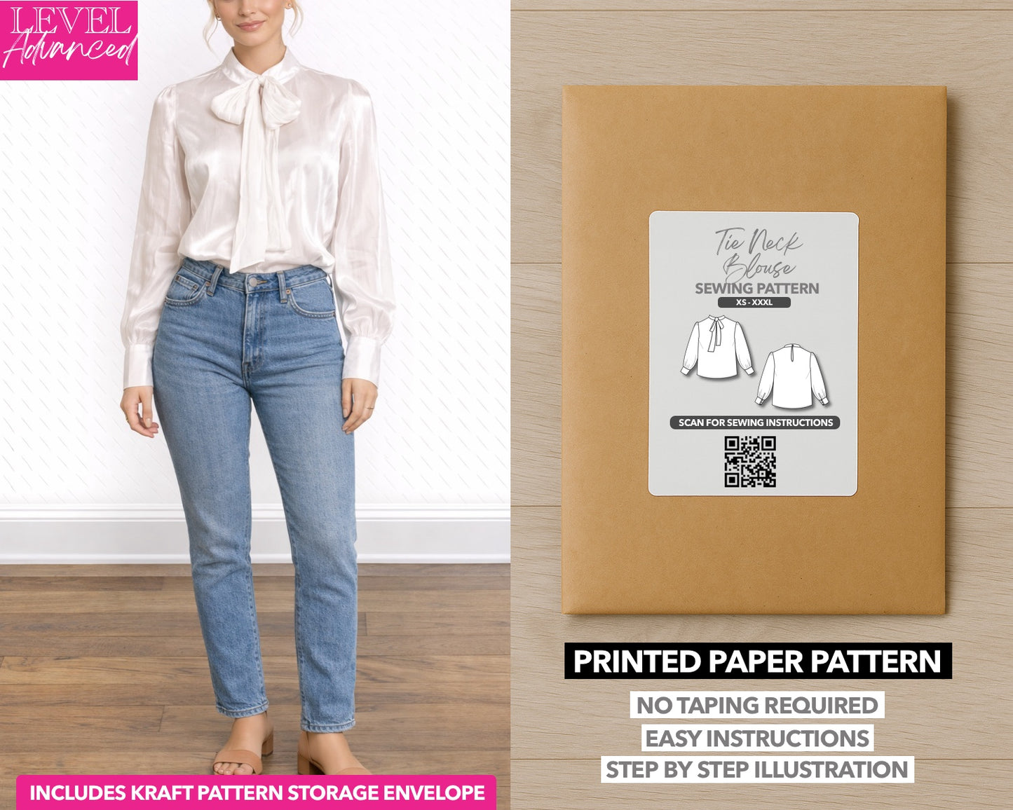 Tie Neck Puff Long Sleeve Blouse printed sewing pattern with easy instructions and step by step illustrations.
