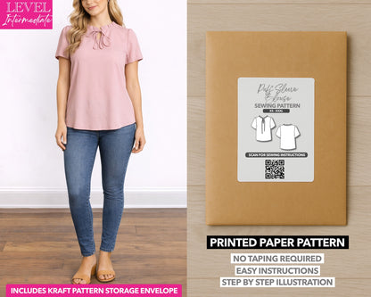 Tie Neck Puff Sleeve Blouse printed sewing pattern with easy instructions and step by step illustrations.