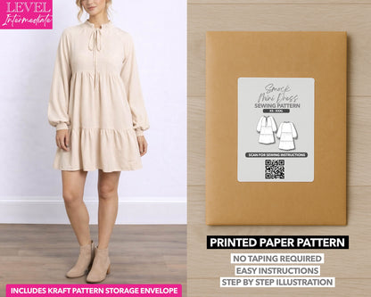 Tie Neck Smock Mini Dress printed sewing pattern with easy instructions and step by step illustrations.