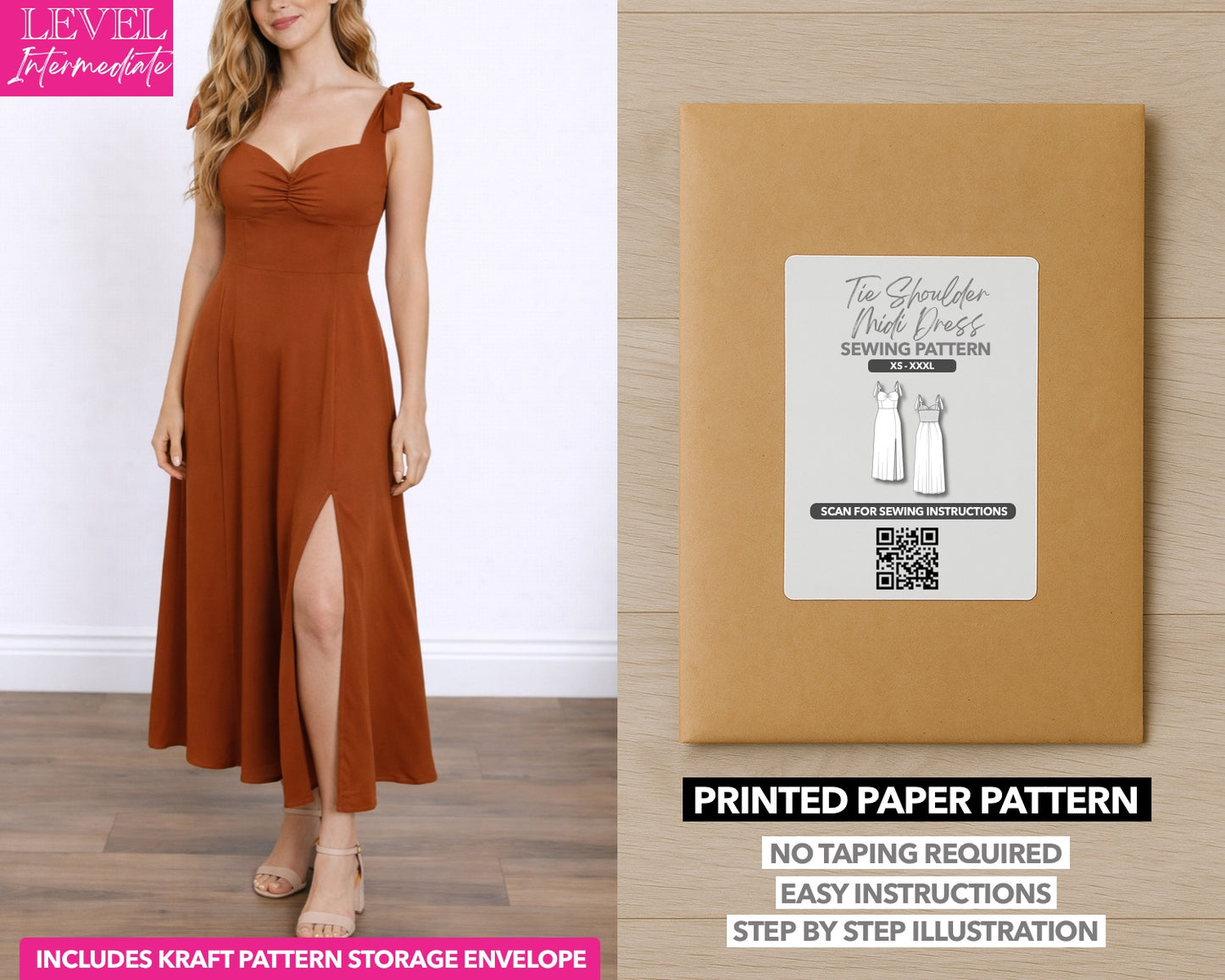 Tie Shoulder Cami Corset Midi Dress printed sewing pattern with easy instructions and step by step illustrations.