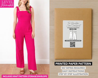 Tie Shoulder Cami Jumpsuit printed sewing pattern with easy instructions and step by step illustrations.