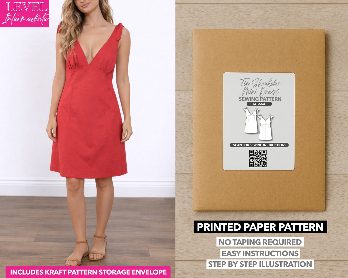 Tie Shoulder Mini Dress printed sewing pattern with easy instructions and step by step illustrations.