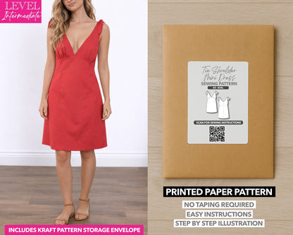 Tie Shoulder Mini Dress printed sewing pattern with easy instructions and step by step illustrations.