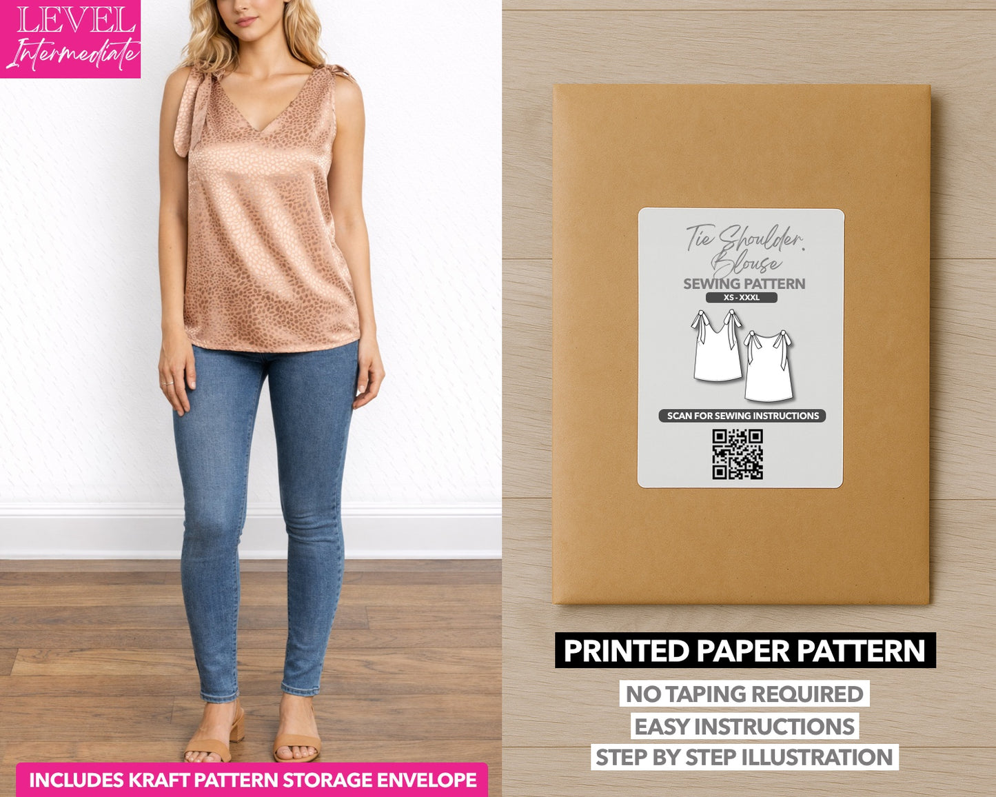 Tie Shoulder Sleeveless Blouse printed sewing pattern with easy instructions and step by step illustrations.