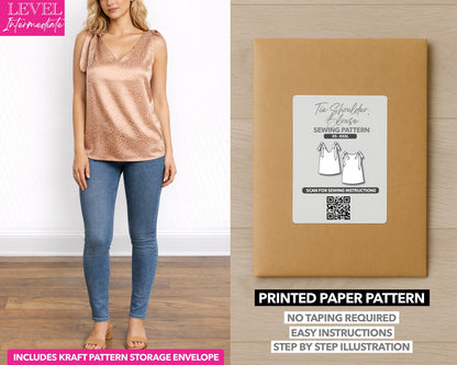 Tie Shoulder Sleeveless Blouse printed sewing pattern with easy instructions and step by step illustrations.