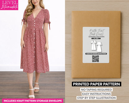 Tie Sleeve Button Front Midi Dress printed sewing pattern with easy instructions and step by step illustrations.