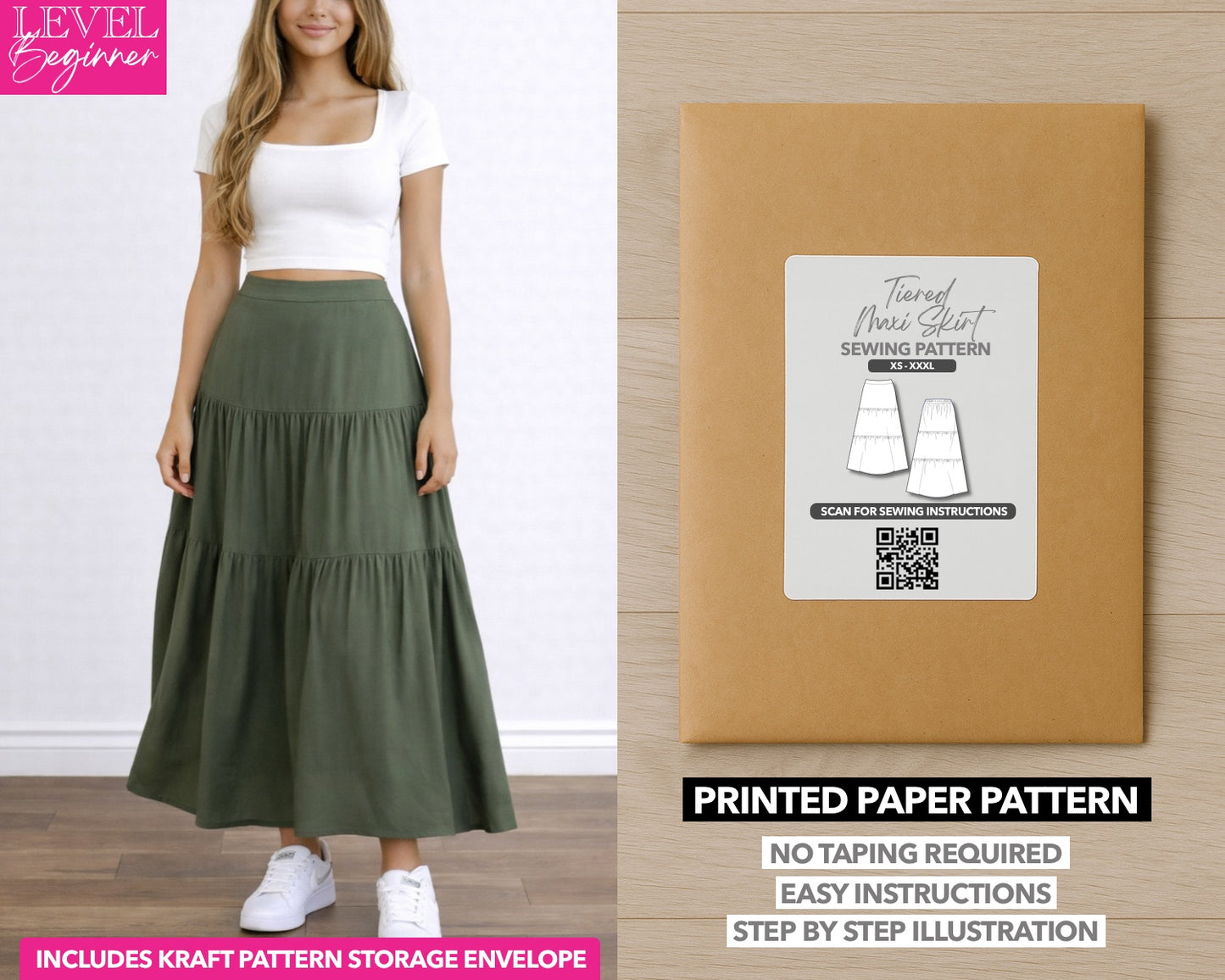 Tiered Maxi Skirt printed sewing pattern with easy instructions and step by step illustrations.