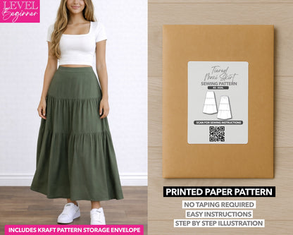 Tiered Maxi Skirt printed sewing pattern with easy instructions and step by step illustrations.
