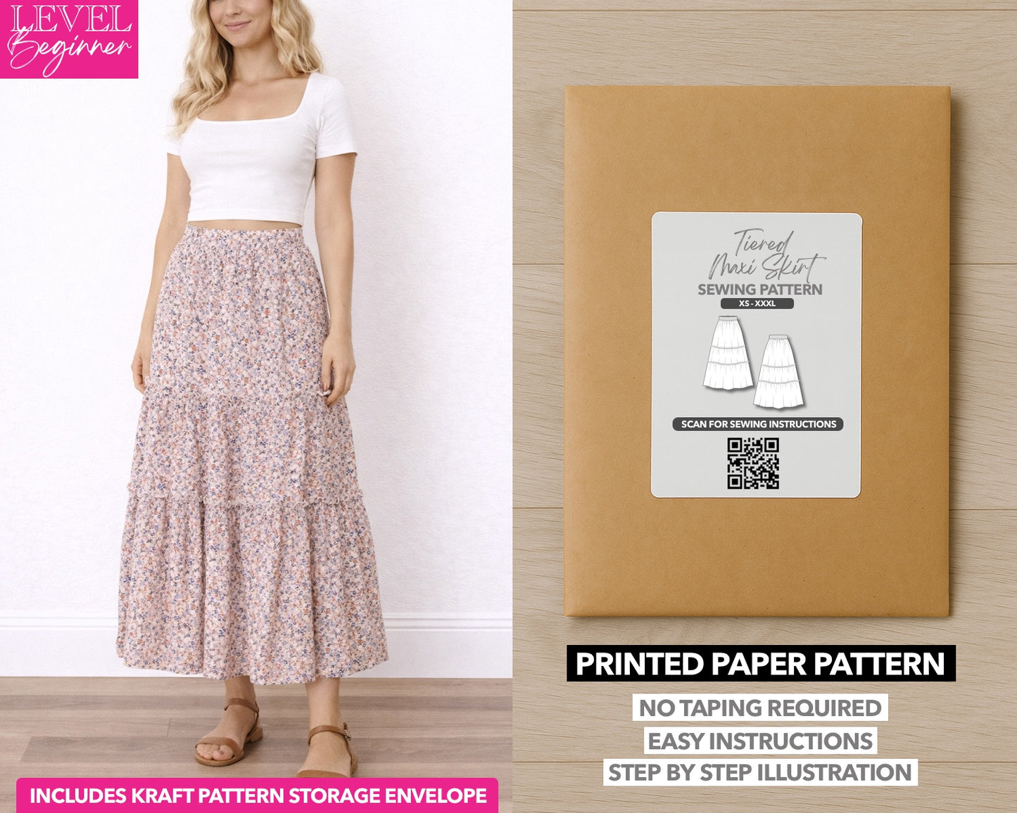 Tiered Ruffle Hem Maxi Skirt printed sewing pattern with easy instructions and step by step illustrations.