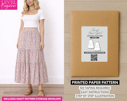 Tiered Ruffle Hem Maxi Skirt printed sewing pattern with easy instructions and step by step illustrations.