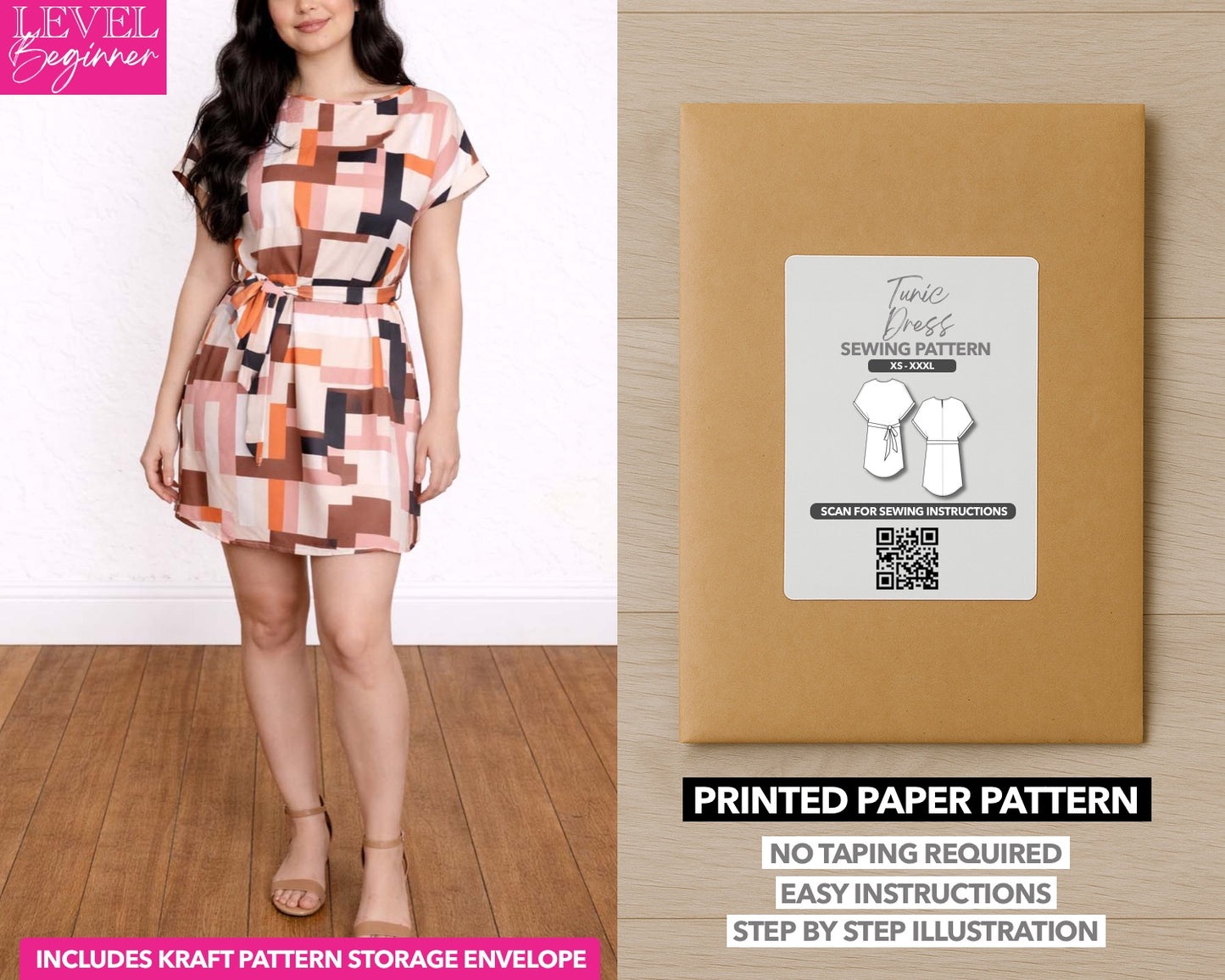 Belted Tunic Mini Dress printed sewing pattern with easy instructions and step by step illustrations.