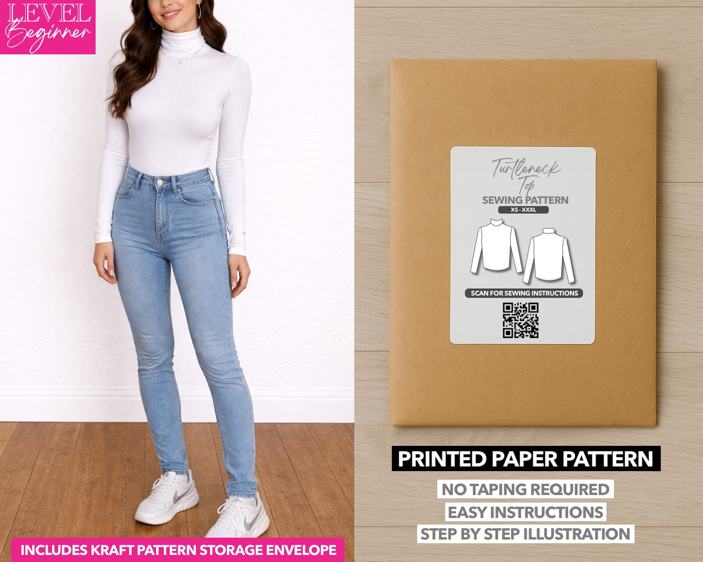 Turtleneck Long Sleeve printed sewing pattern with easy instructions and step by step illustrations.
