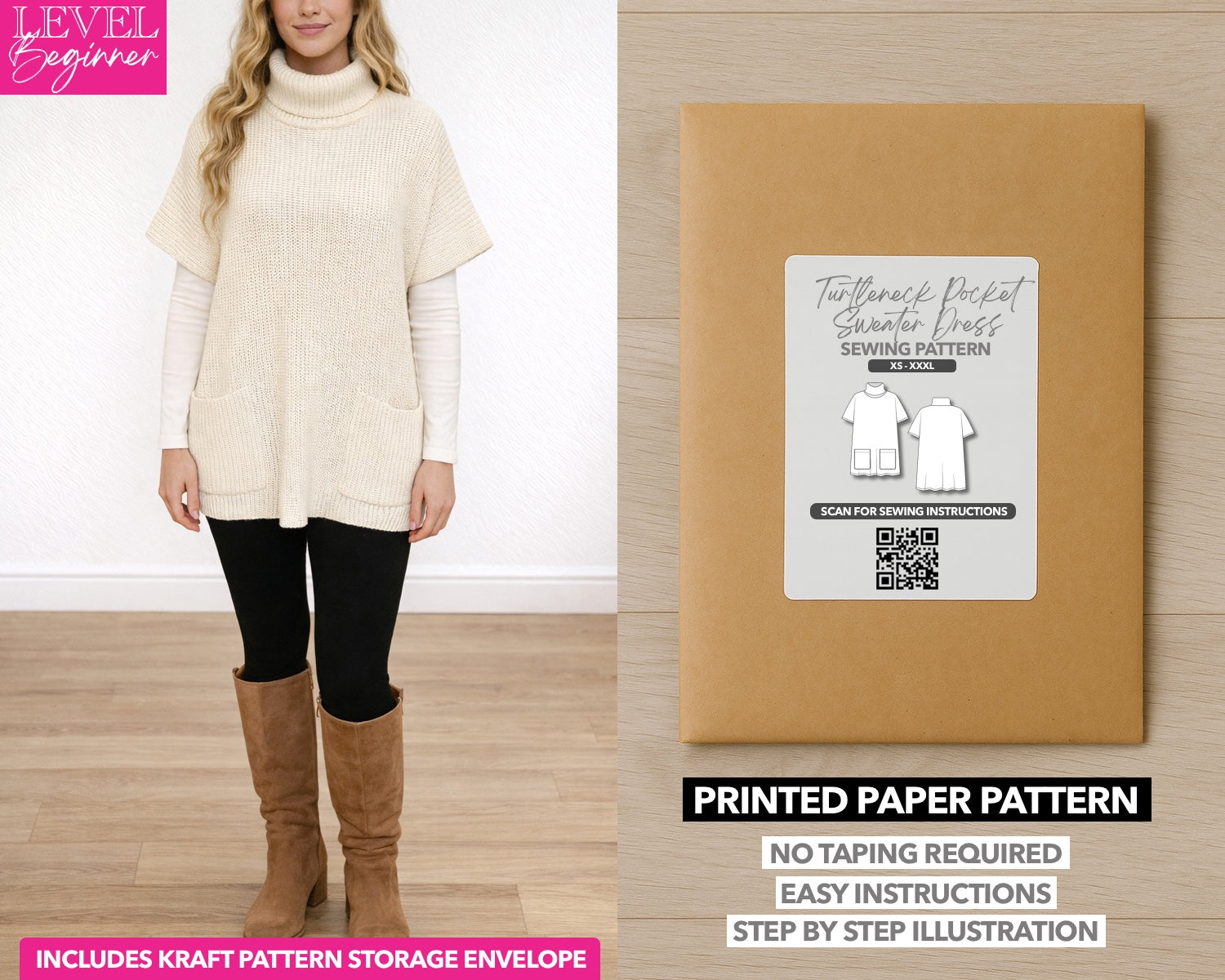 Turtleneck Pocket Sweater Dress printed sewing pattern with easy instructions and step by step illustrations.