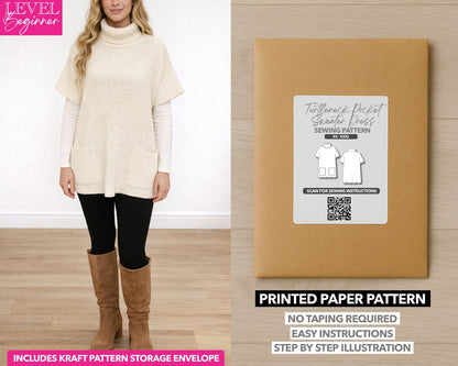 Turtleneck Pocket Sweater Dress printed sewing pattern with easy instructions and step by step illustrations.