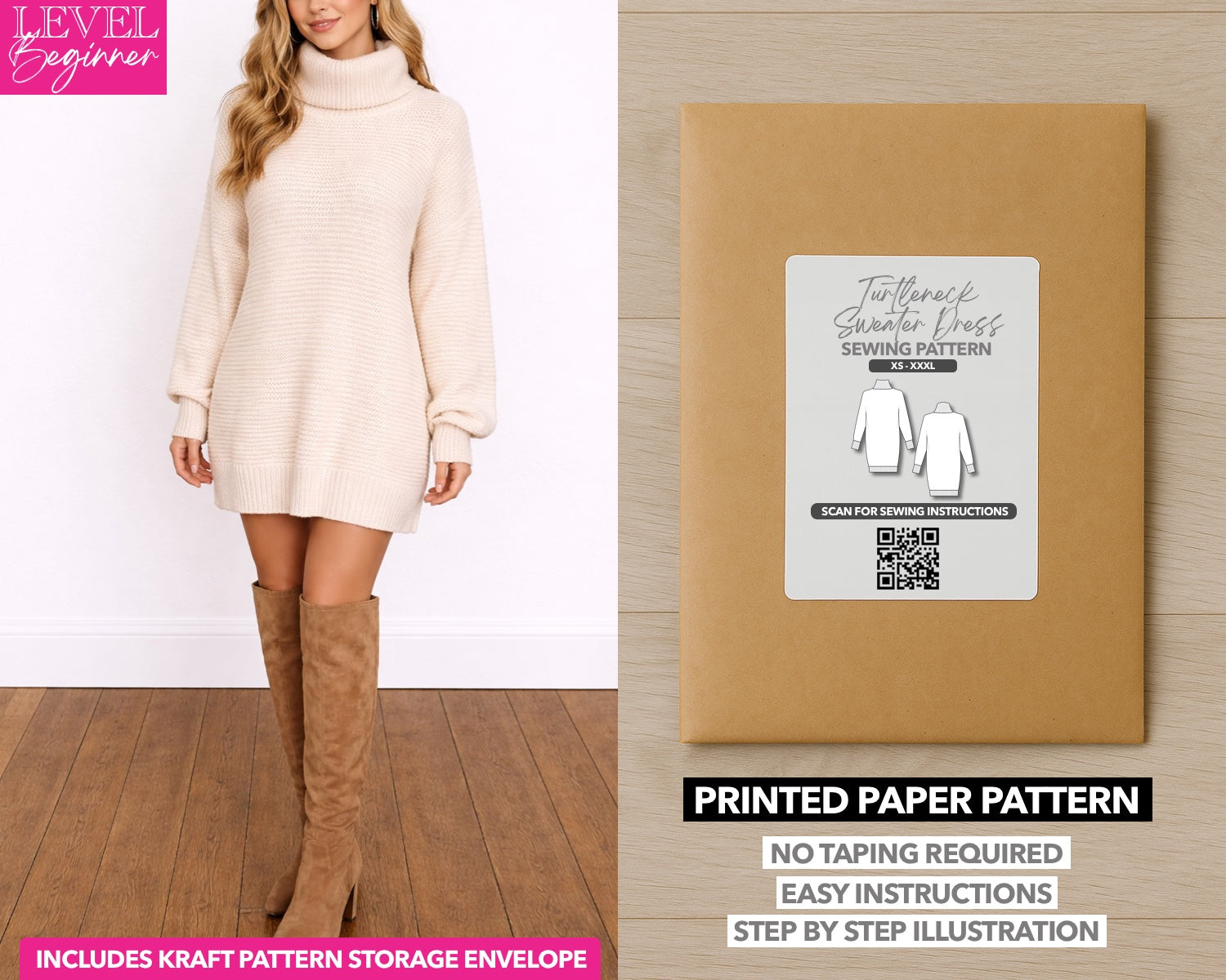 Turtleneck Sweater Dress printed sewing pattern with easy instructions and step by step illustrations.