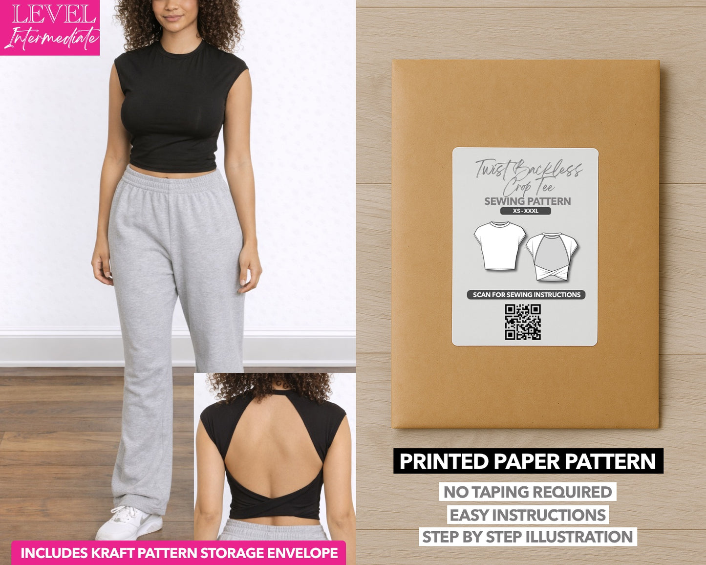 Twist Backless Crop Knit Tee printed sewing pattern with easy instructions and step by step illustrations.