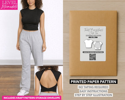 Twist Backless Crop Knit Tee printed sewing pattern with easy instructions and step by step illustrations.