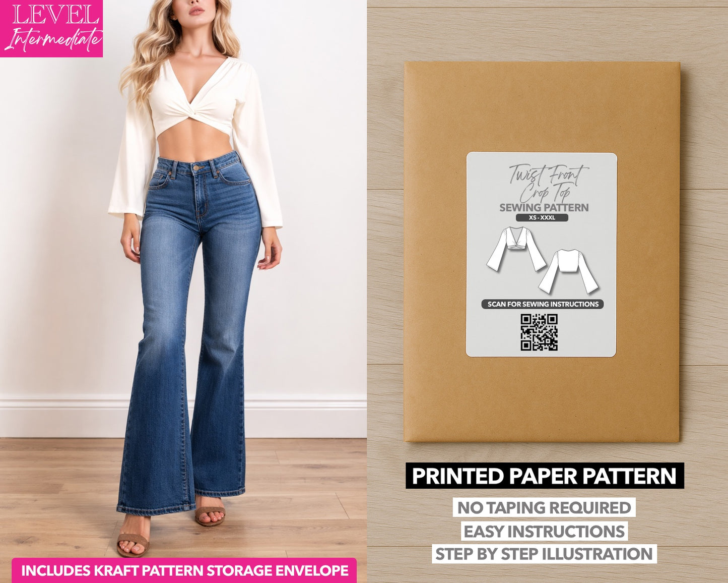 Twist Front Bell Sleeve Crop Top printed sewing pattern with easy instructions and step by step illustrations.
