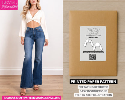 Twist Front Bell Sleeve Crop Top printed sewing pattern with easy instructions and step by step illustrations.