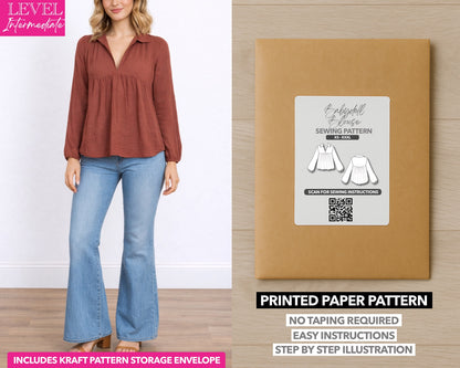 V-Neck Gathered Babydoll Blouse printed sewing pattern with easy instructions and step by step illustrations.