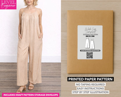 Wide Leg Cami Jumpsuit printed sewing pattern with easy instructions and step by step illustrations.