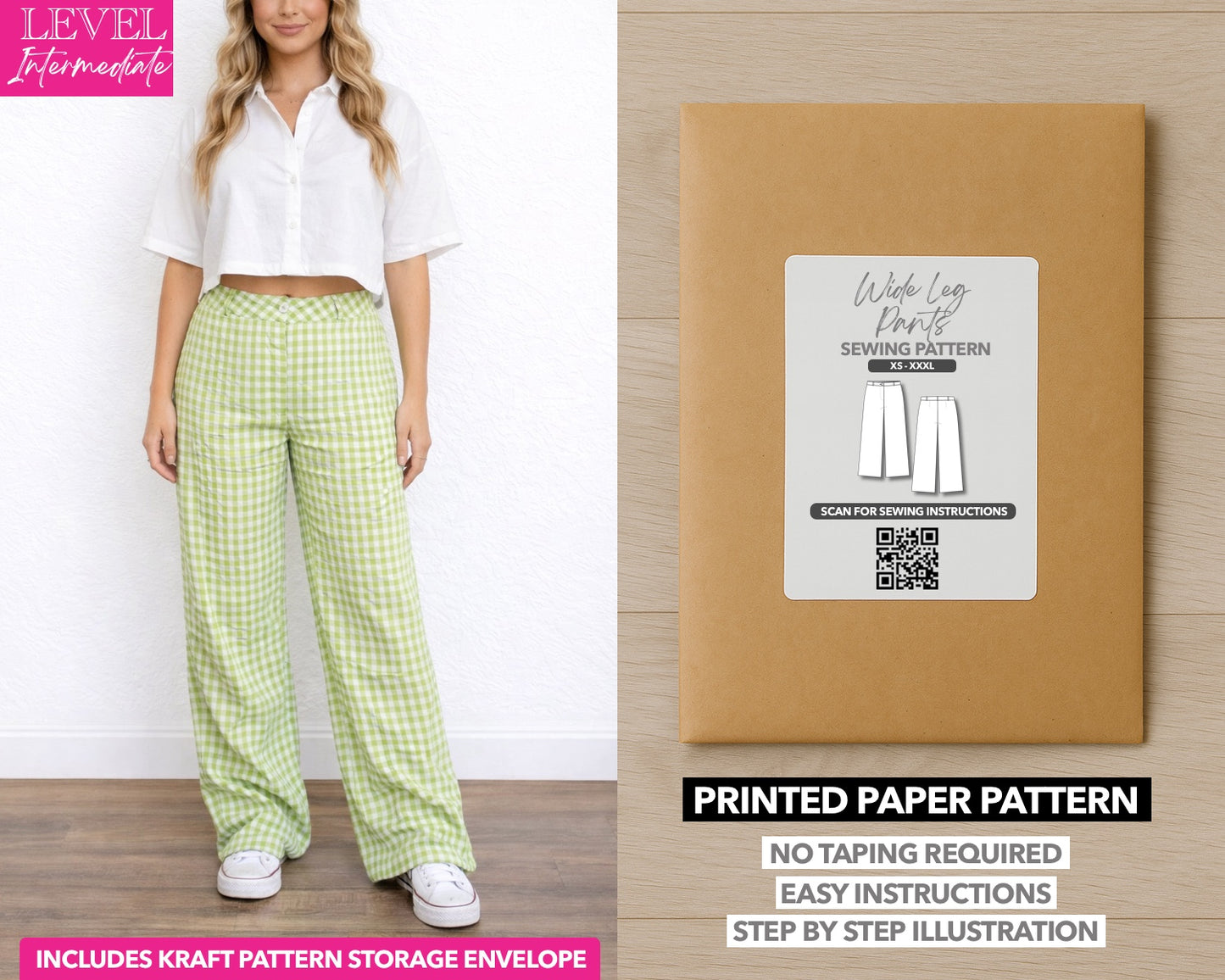 Wide Leg Pants printed sewing pattern with easy instructions and step by step illustrations.
