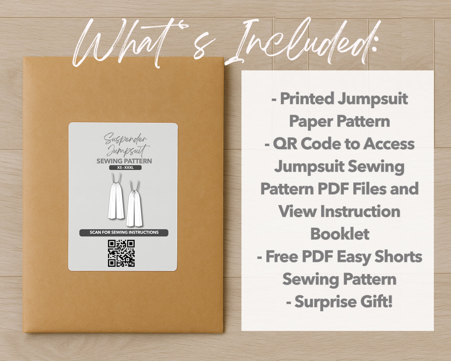 What is included with the printed Wide Leg Suspender Jumpsuit paper sewing pattern