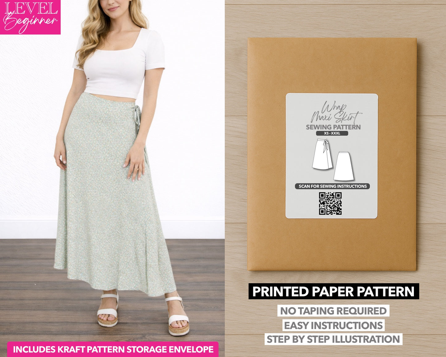 Wrap Maxi Skirt printed sewing pattern with easy instructions and step by step illustrations.