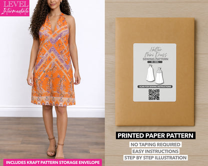 Wrap Neck Halter Shift Mini Dress printed sewing pattern with easy instructions and step by step illustrations.
