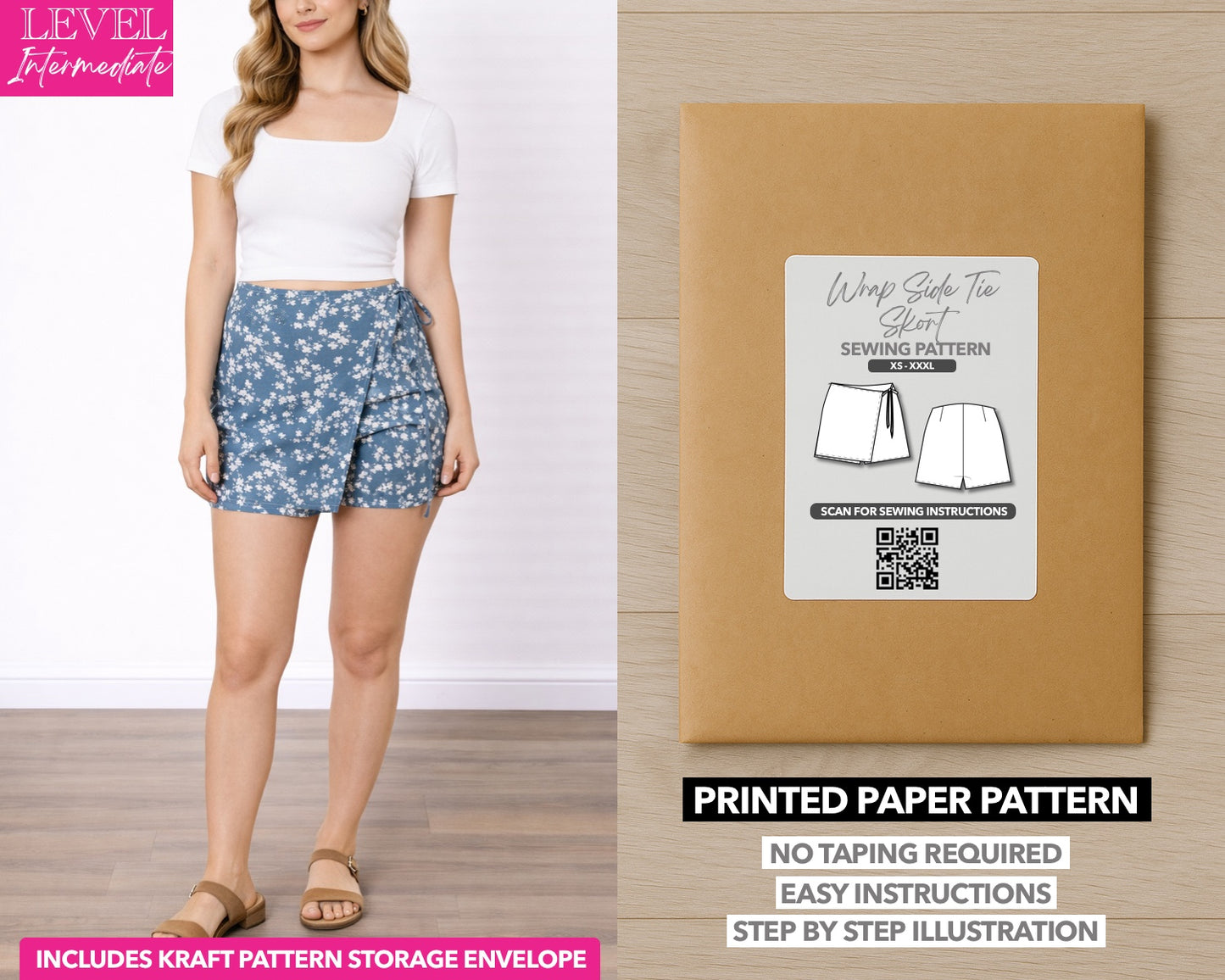 Wrap Side Tie Skort printed sewing pattern with easy instructions and step by step illustrations.