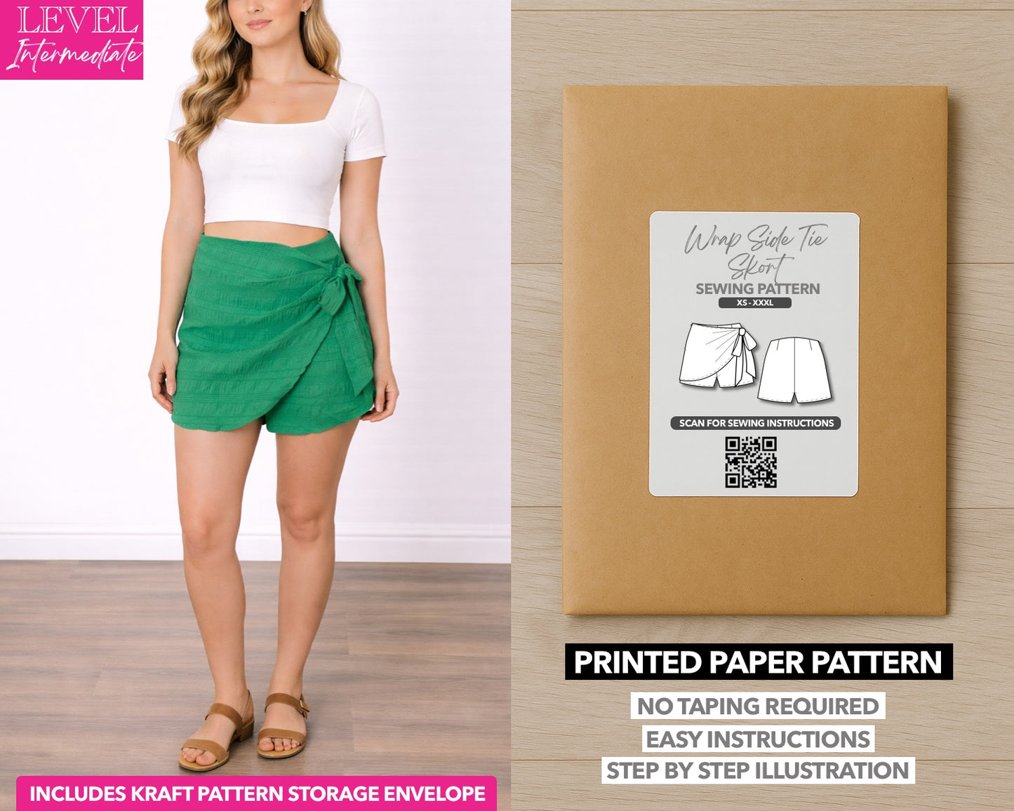 Wrap Side Tie Skort printed sewing pattern with easy instructions and step by step illustrations.