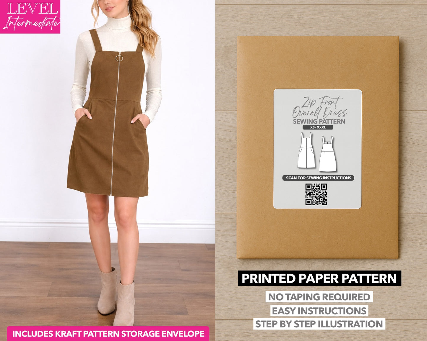Zip Front Pocket Mini Overall Dress printed sewing pattern with easy instructions and step by step illustrations.