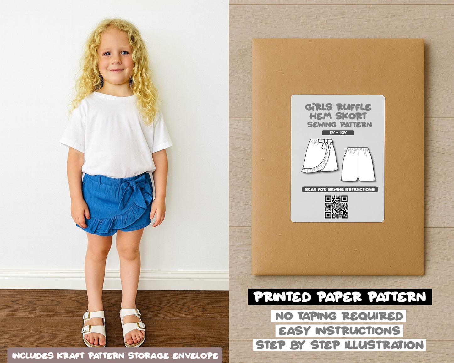 Girls Ruffle Hem Bow Skort Sewing Pattern
