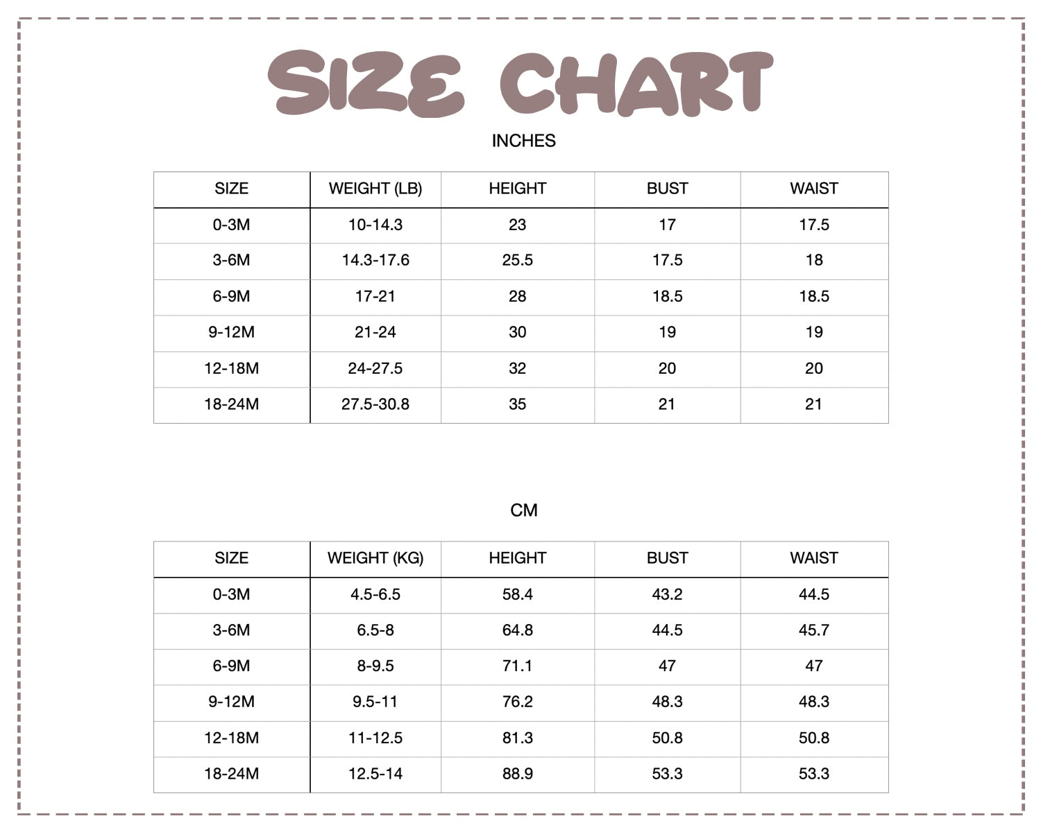 Patterns For Kidz 0M–24M size chart.