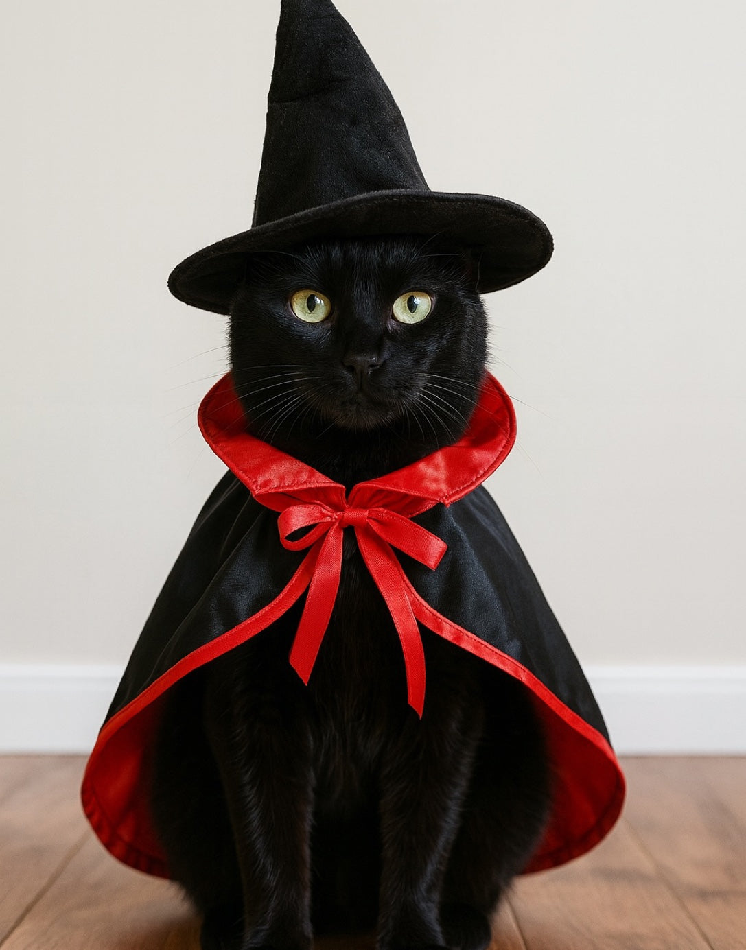 Black cat wearing a witch costume with a red scarf on a wooden floor.