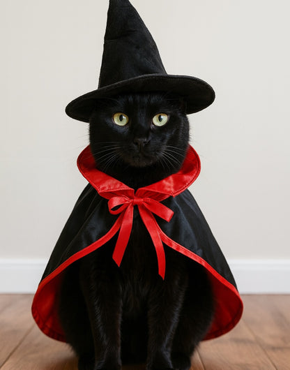 Black cat wearing a witch costume with a red scarf on a wooden floor.