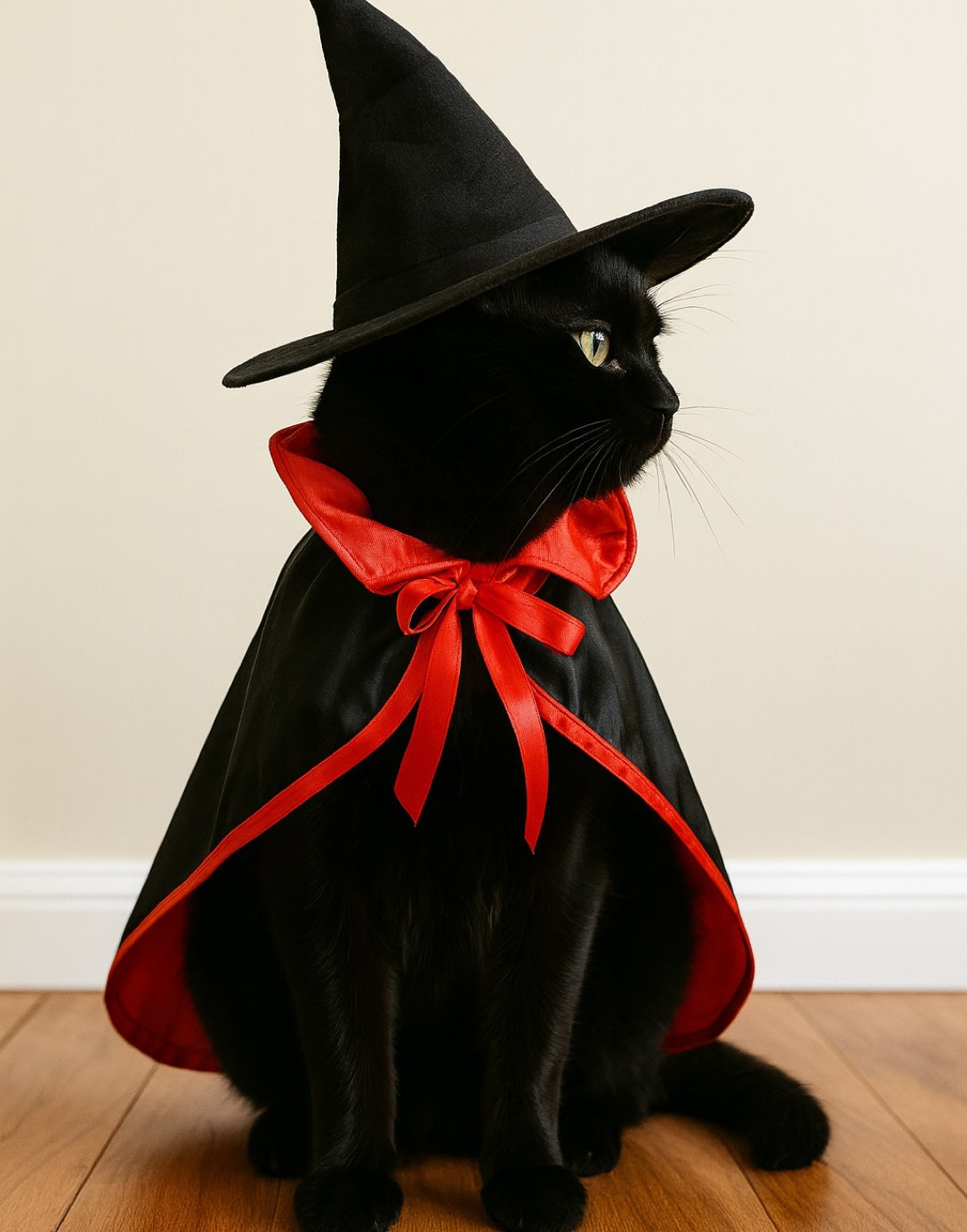 Side view of cat wearing a black witch costume with a red ribbon on a wooden floor.