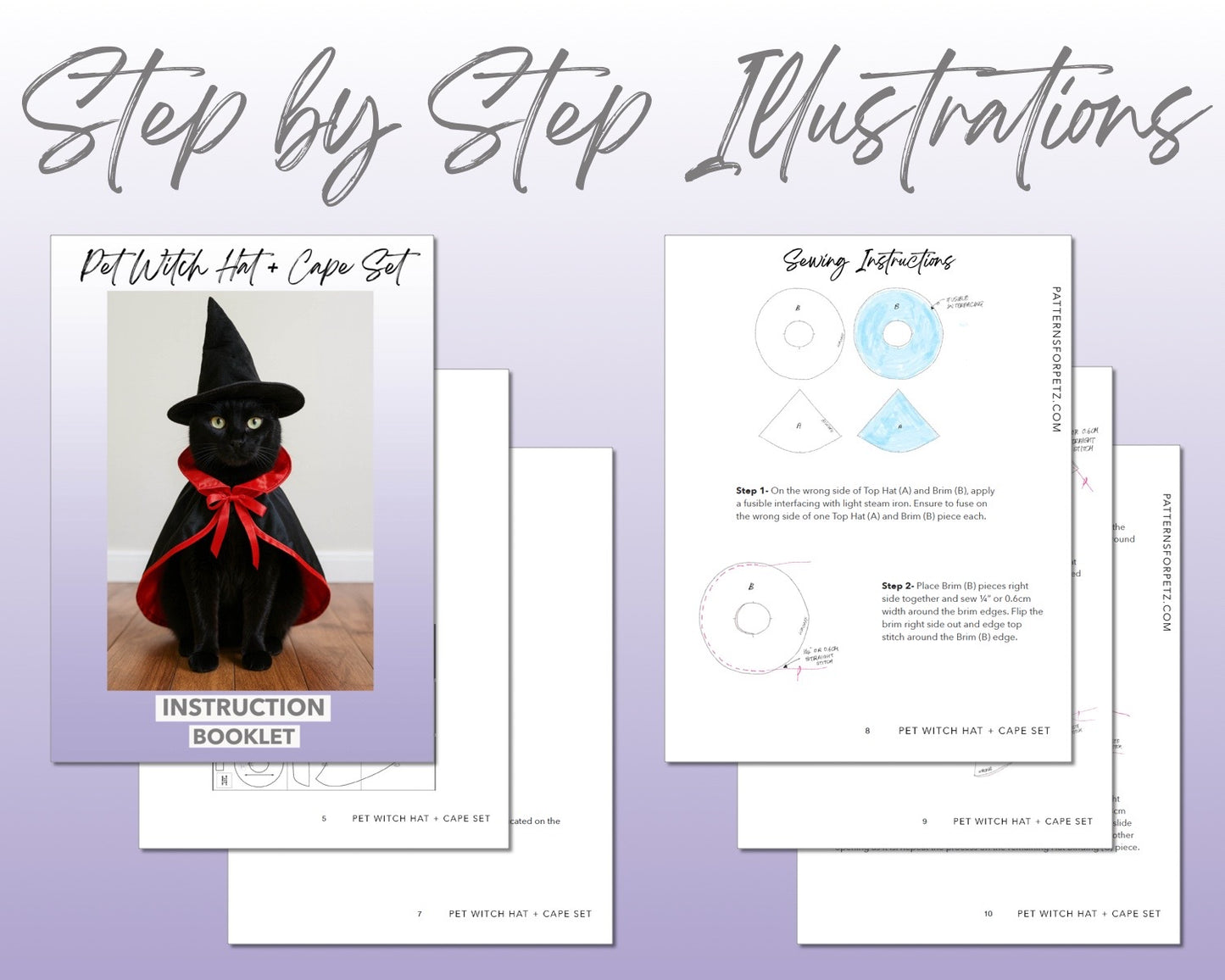 Pet Witch Hat and Cape Set sewing pattern instruction booklet showing step by step illustrations to make the garment