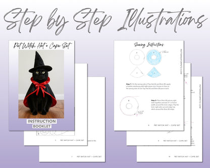 Pet Witch Hat and Cape Set sewing pattern instruction booklet showing step by step illustrations to make the garment