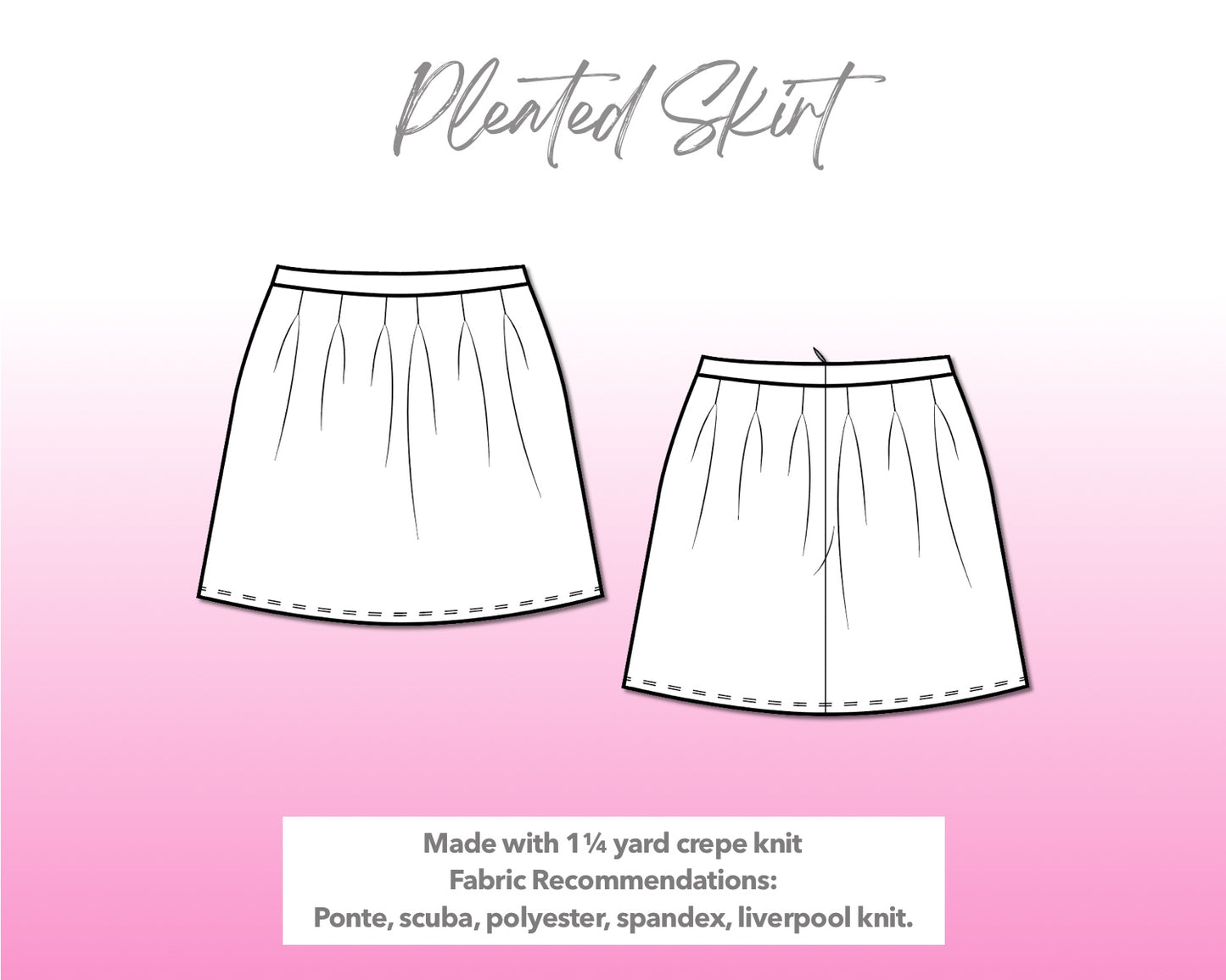 Illustration and detailed description for Pleated Mini Skirt sewing pattern.