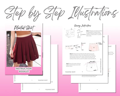 Pleated Mini Skirt sewing pattern step by step illustrations.