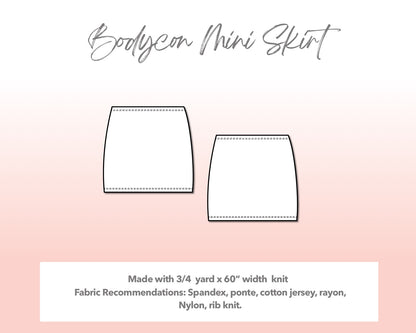 Illustration and detailed description for Plus Size Bodycon Mini Skirt sewing pattern. Made with ¾  yard x 60” width knit. Other Fabric Recommendations: Spandex, ponte, cotton jersey, rayon. Nylon, rib knit.