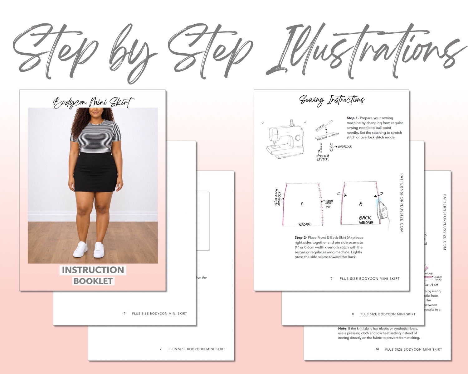 Plus Size Bodycon Mini Skirt sewing pattern instruction booklet showing step by step illustrations to make the garment.