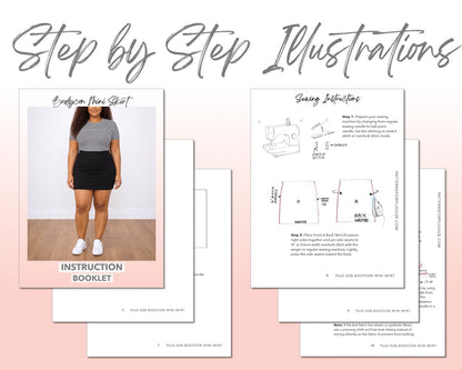 Plus Size Bodycon Mini Skirt sewing pattern instruction booklet showing step by step illustrations to make the garment.