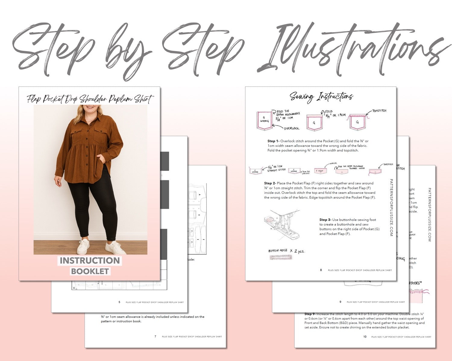 Plus Size Flap Pocket Drop Shoulder Peplum Shirt sewing pattern step by step illustrations.