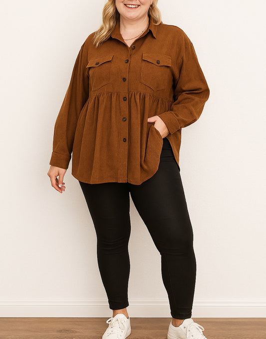 Front view of Plus Size Flap Pocket Drop Shoulder Peplum Shirt.