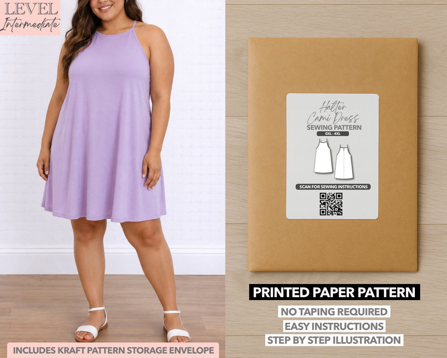 Plus Size Halter Cami Dress printed sewing pattern with easy instructions and step by step illustrations.