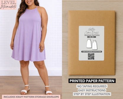 Plus Size Halter Cami Dress printed sewing pattern with easy instructions and step by step illustrations.