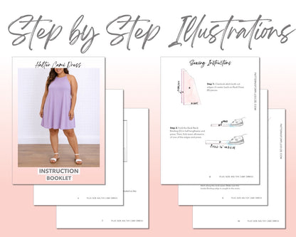 Plus Size Halter Cami Dress sewing pattern instruction booklet showing step by step illustrations to make the garment.