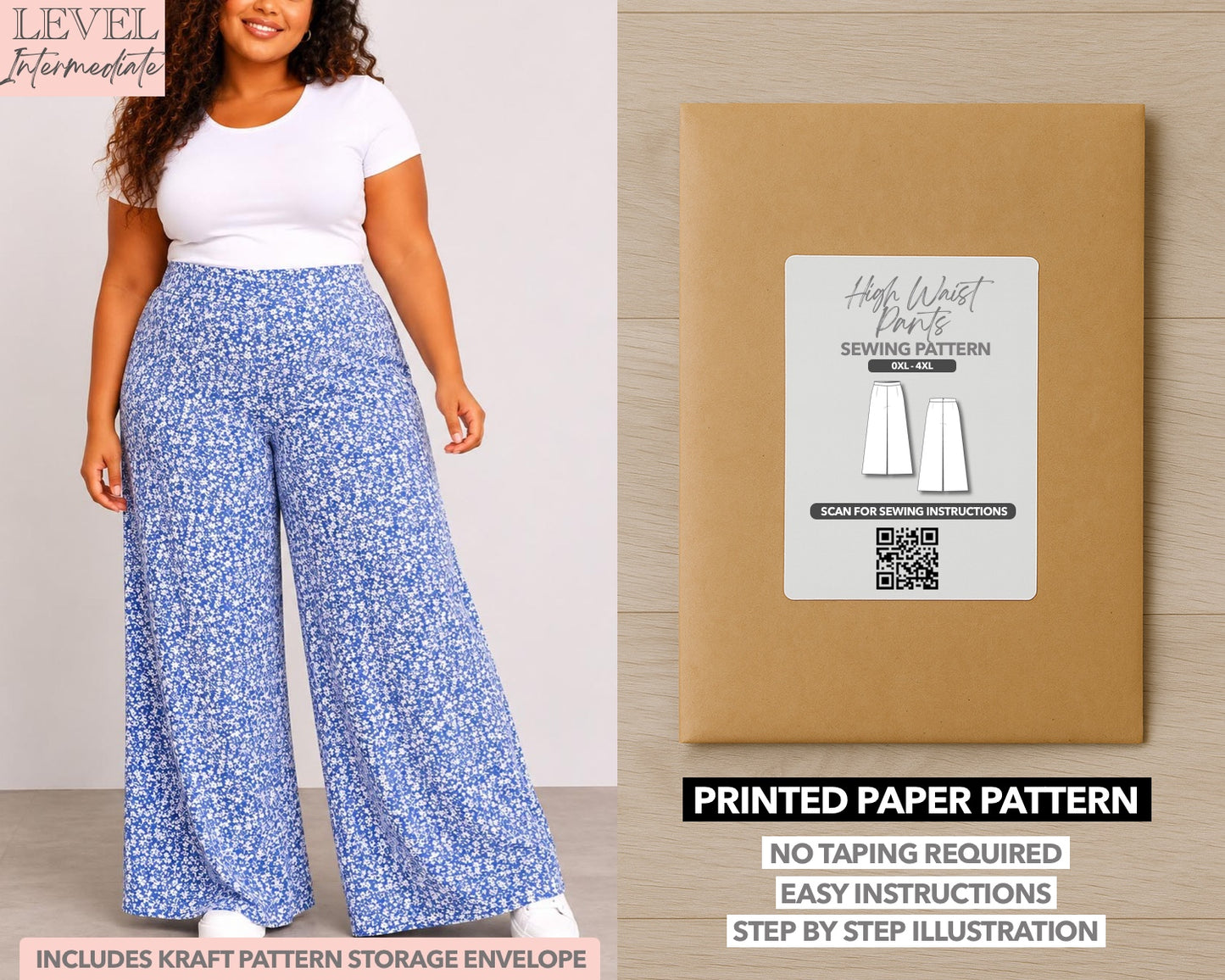 Plus Size High Waist Pants printed sewing pattern with easy instructions and step by step illustrations.
